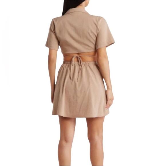 En Saison Tan Brown Beverly Shirtdress Mini Short Sleeve Cutout Dress Medium NWT - Picture 2 of 12